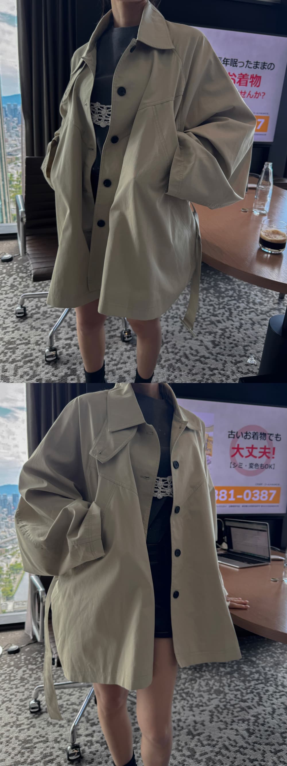 새로운 단색 루즈핏 스탠드 칼라 싱글 줄 버튼 허리 수축 레이스업 중간 길이 재킷 재킷 상세 이미지 7