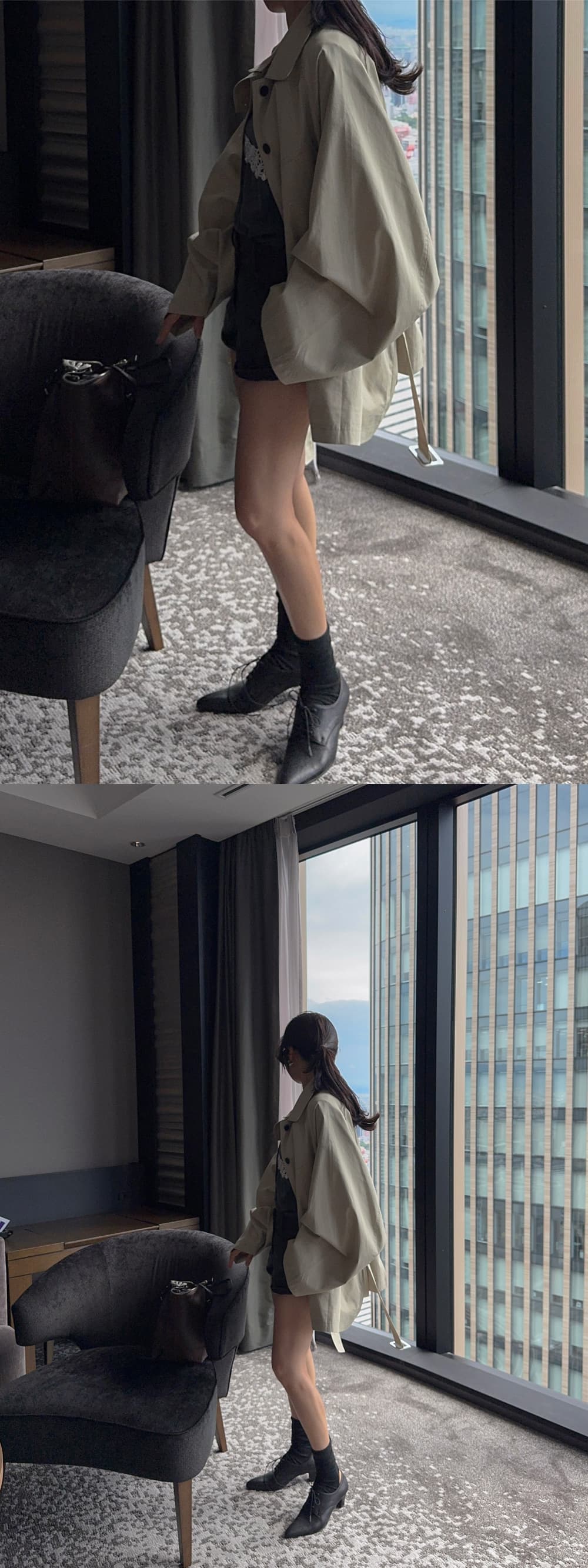 새로운 단색 루즈핏 스탠드 칼라 싱글 줄 버튼 허리 수축 레이스업 중간 길이 재킷 재킷 상세 이미지 9