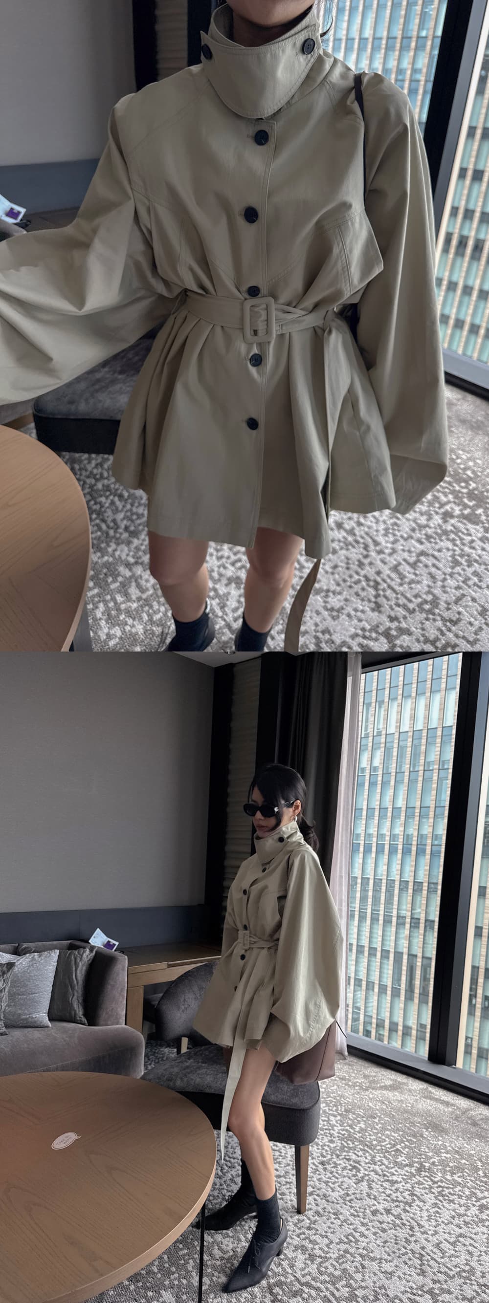 새로운 단색 루즈핏 스탠드 칼라 싱글 줄 버튼 허리 수축 레이스업 중간 길이 재킷 재킷 상세 이미지 15