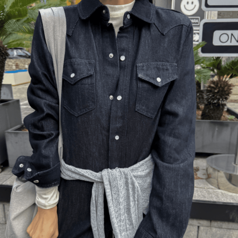 새로운 잘 생긴 폴로 칼라 캐주얼 긴팔 데님 셔츠 재킷 이미지 2