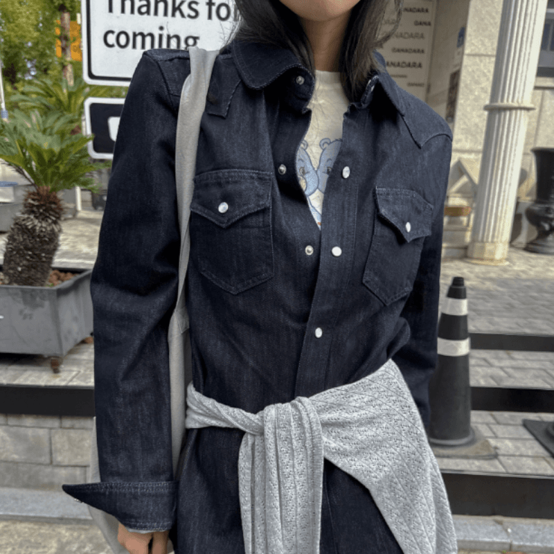 새로운 잘 생긴 폴로 칼라 캐주얼 긴팔 데님 셔츠 재킷 이미지 4
