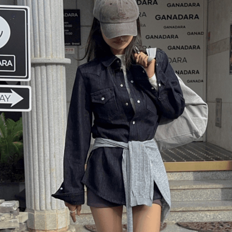 새로운 잘 생긴 폴로 칼라 캐주얼 긴팔 데님 셔츠 재킷 이미지 5