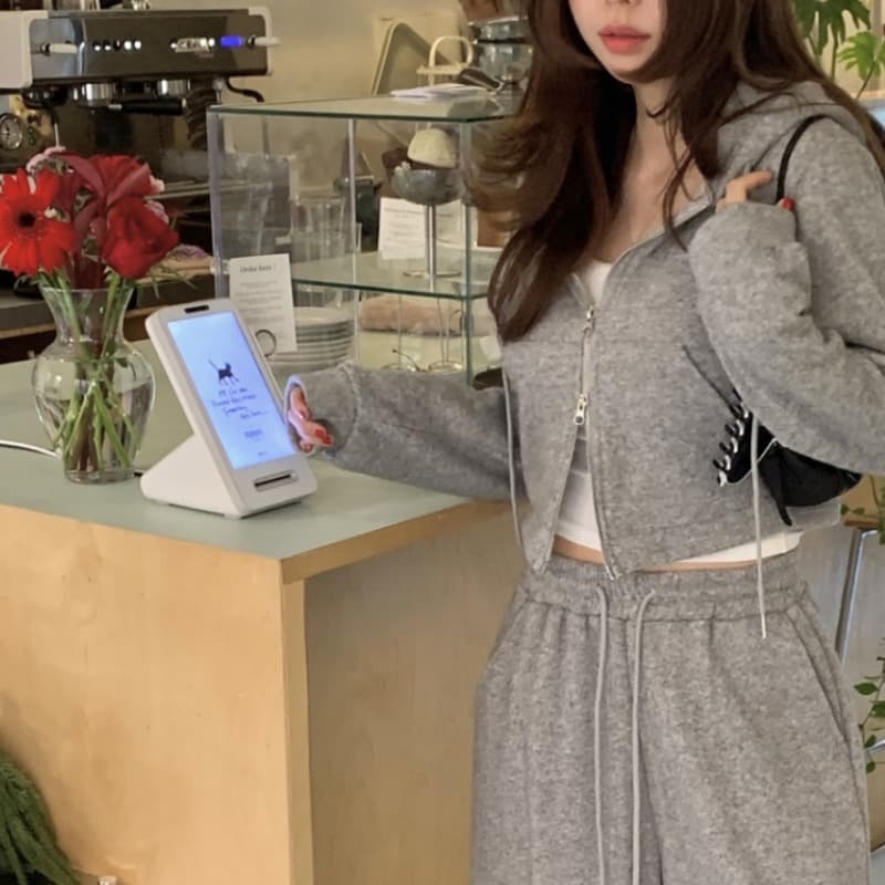 있음 선적 작은 대중 다용도 후드 더블 지퍼 디자인 센스 루즈핏 긴팔 후드티 바지 투피스 세트 이미지 2