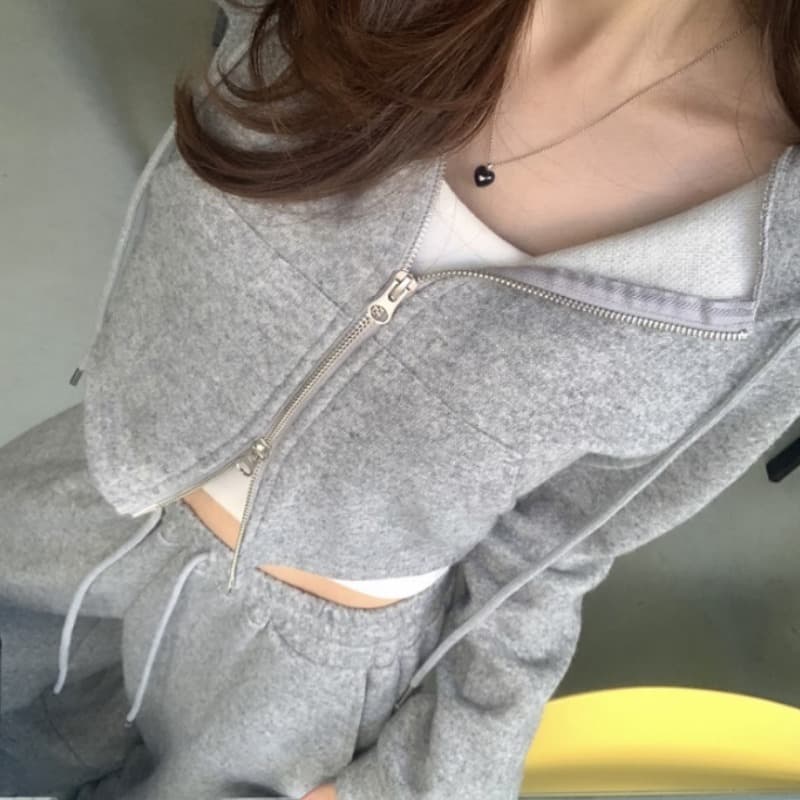 있음 선적 작은 대중 다용도 후드 더블 지퍼 디자인 센스 루즈핏 긴팔 후드티 바지 투피스 세트 이미지 3