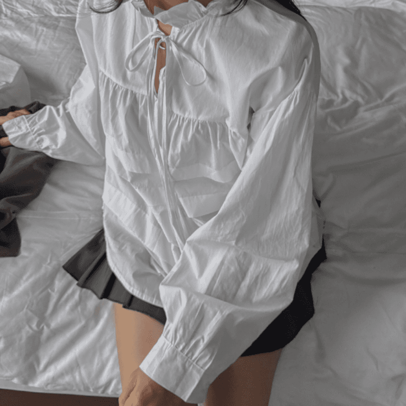 새로운 스탠드 칼라 레이스업 플리츠 프랑스식 인형 긴팔 셔츠 이미지 3