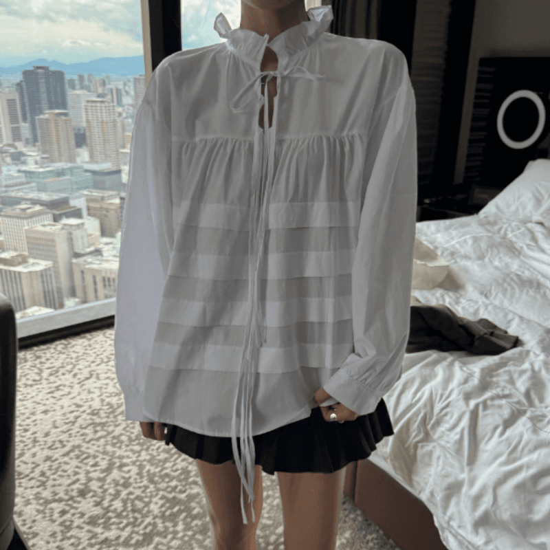 새로운 스탠드 칼라 레이스업 플리츠 프랑스식 인형 긴팔 셔츠 이미지 4