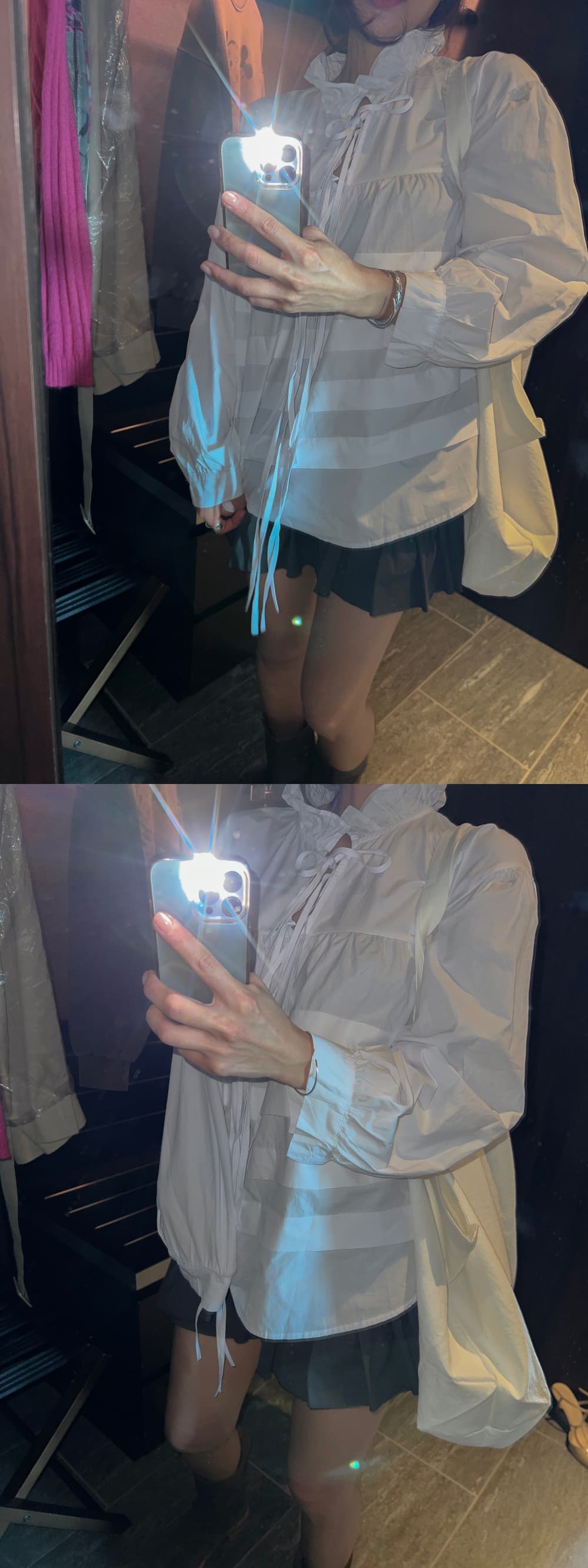 새로운 스탠드 칼라 레이스업 플리츠 프랑스식 인형 긴팔 셔츠 상세 이미지 3