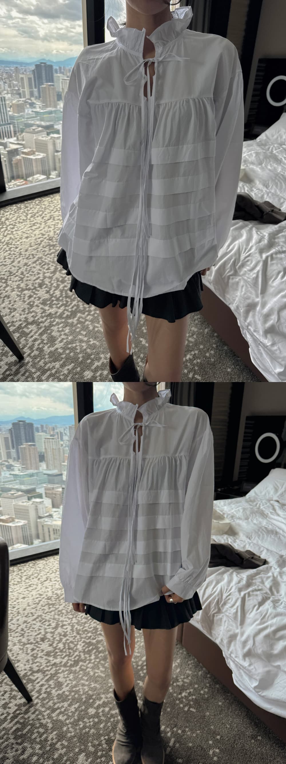 새로운 스탠드 칼라 레이스업 플리츠 프랑스식 인형 긴팔 셔츠 상세 이미지 5