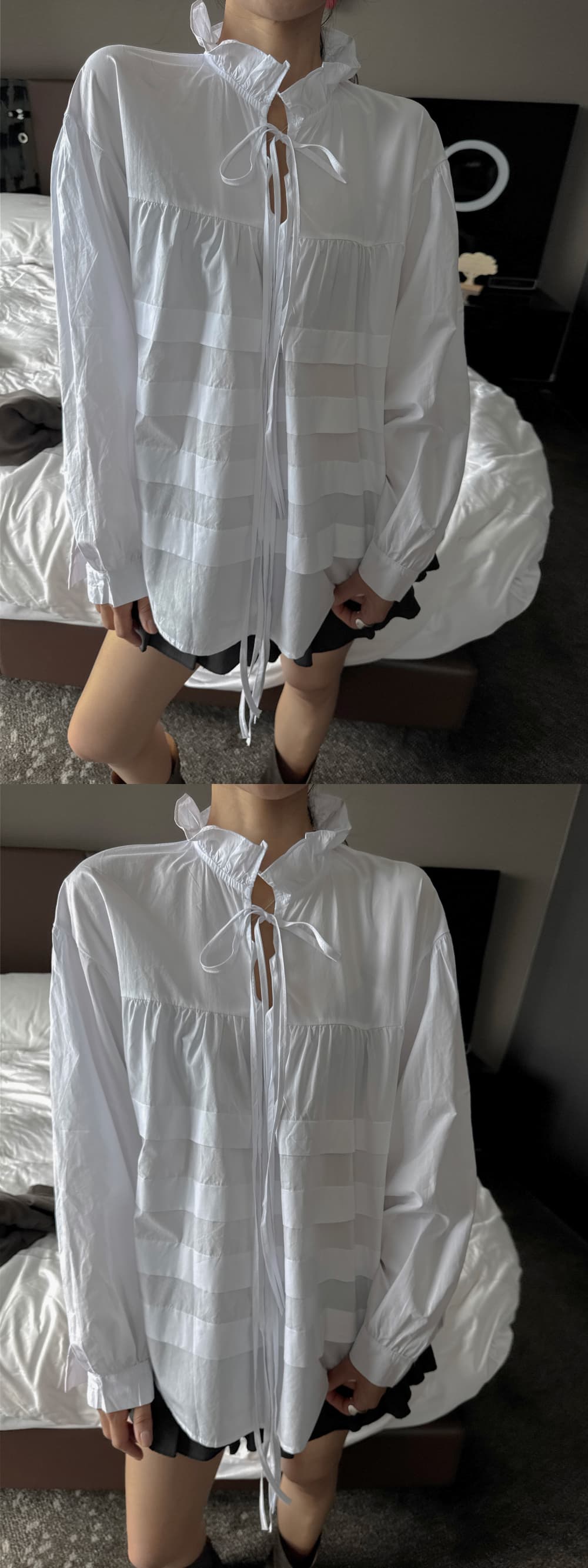 새로운 스탠드 칼라 레이스업 플리츠 프랑스식 인형 긴팔 셔츠 상세 이미지 7