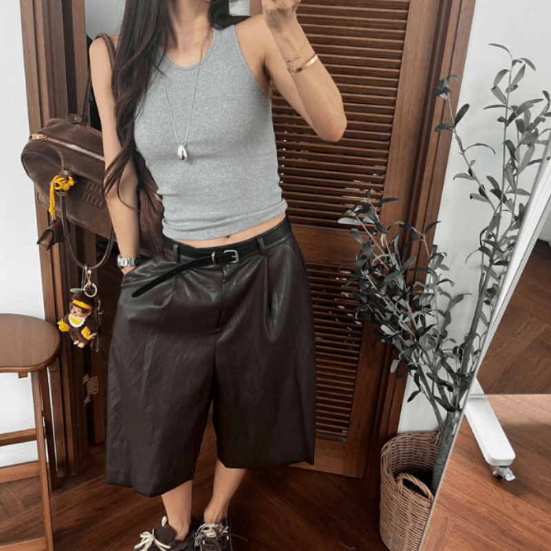 새로운 레트로 스트레이트 7 점 넓은 다리 pu 가죽 바지 이미지 4