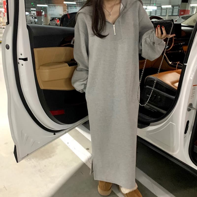 있음 선적 플러스 캐시미어 풀오버 후드티 드레스 여성 POLO 칼라 하프 지퍼 루즈핏 롱 코트 드레스 이미지 3