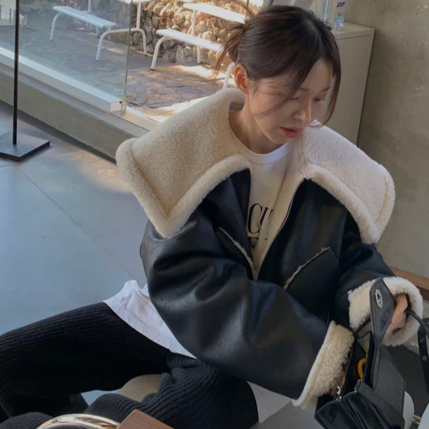 있음 선적 양면 착용 빅 칼라 모피 칼라 캐주얼 지퍼 pu 다용도 짧은 외투 맨위 여성 이미지 5