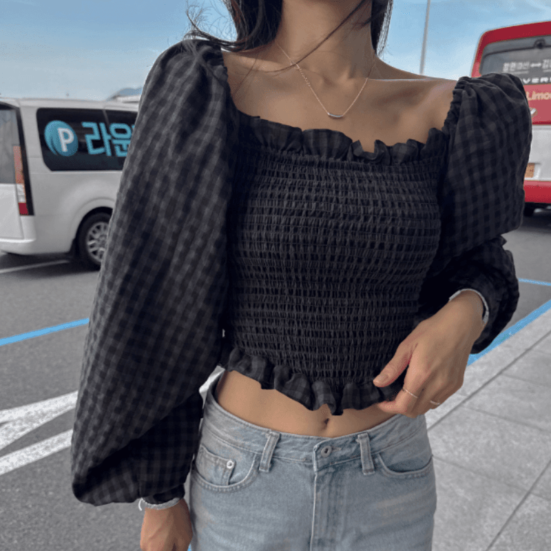 새로운 관대 한 칼라 이슬 쇄골 체크무늬 잡아라. Pleat 몸매 가꾸기 셔츠 이미지 3