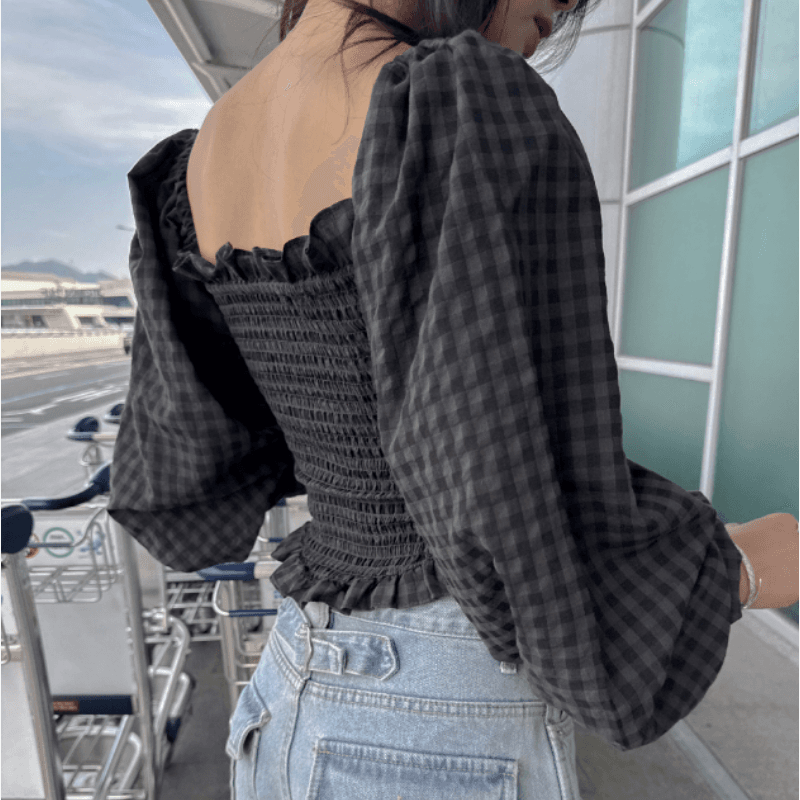 새로운 관대 한 칼라 이슬 쇄골 체크무늬 잡아라. Pleat 몸매 가꾸기 셔츠 이미지 2