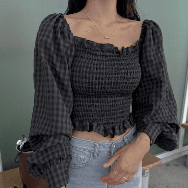새로운 관대 한 칼라 이슬 쇄골 체크무늬 잡아라. Pleat 몸매 가꾸기 셔츠
