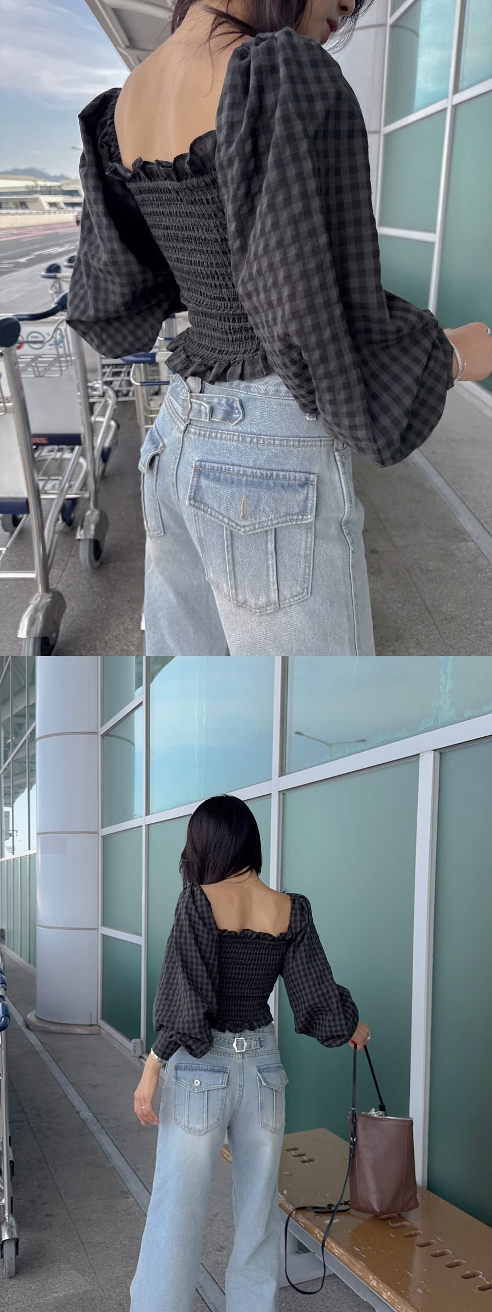 새로운 관대 한 칼라 이슬 쇄골 체크무늬 잡아라. Pleat 몸매 가꾸기 셔츠 상세 이미지 5