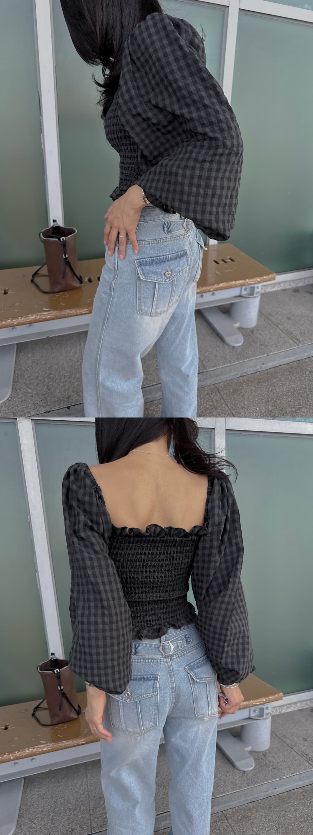 새로운 관대 한 칼라 이슬 쇄골 체크무늬 잡아라. Pleat 몸매 가꾸기 셔츠 상세 이미지 18