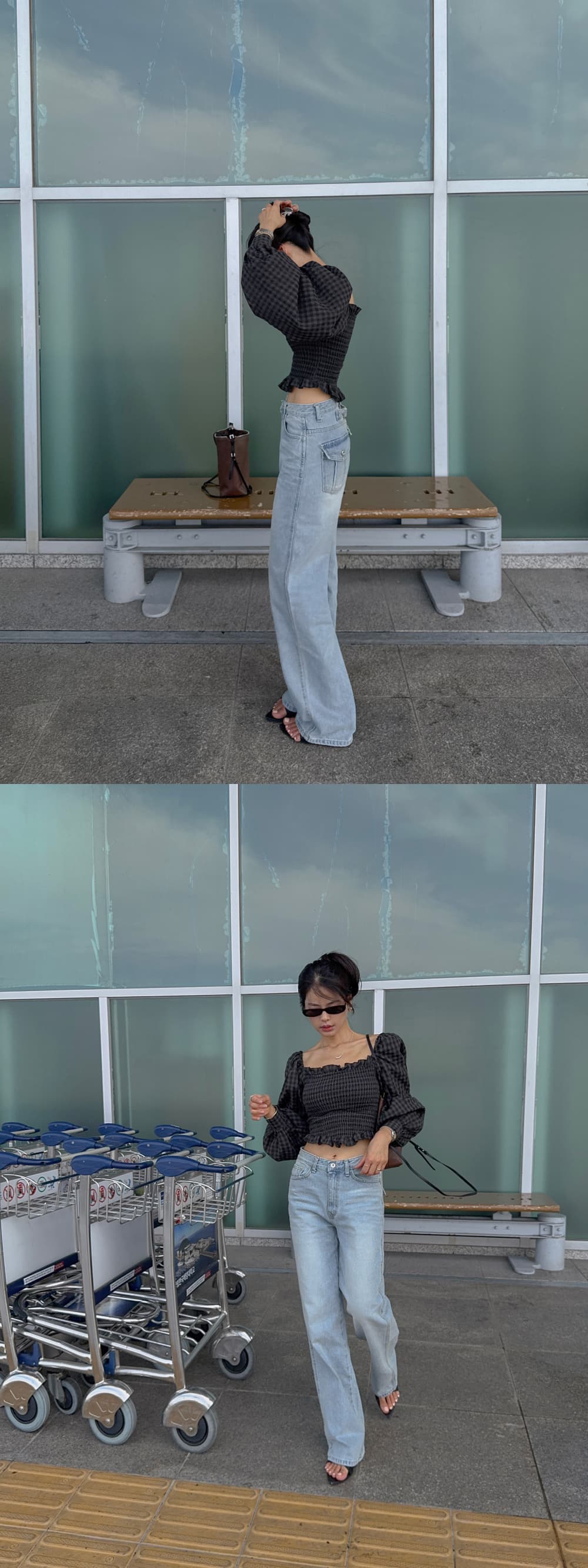 새로운 관대 한 칼라 이슬 쇄골 체크무늬 잡아라. Pleat 몸매 가꾸기 셔츠 상세 이미지 20