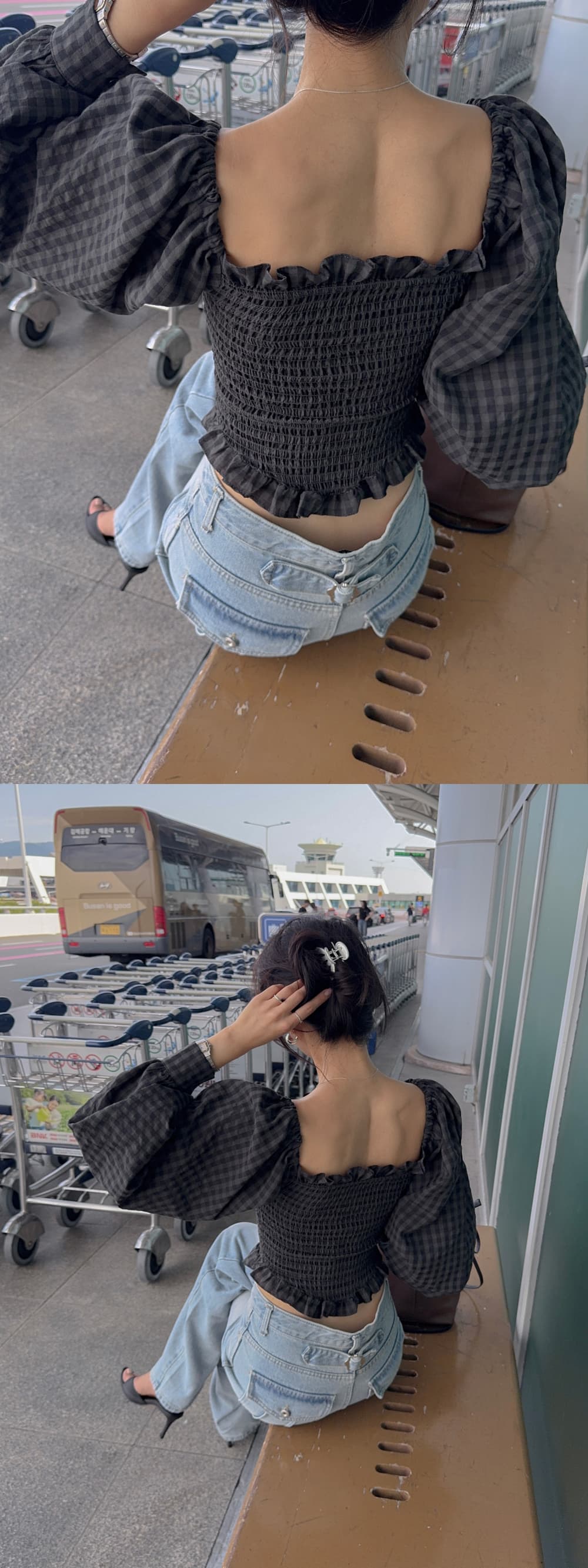 새로운 관대 한 칼라 이슬 쇄골 체크무늬 잡아라. Pleat 몸매 가꾸기 셔츠 상세 이미지 23