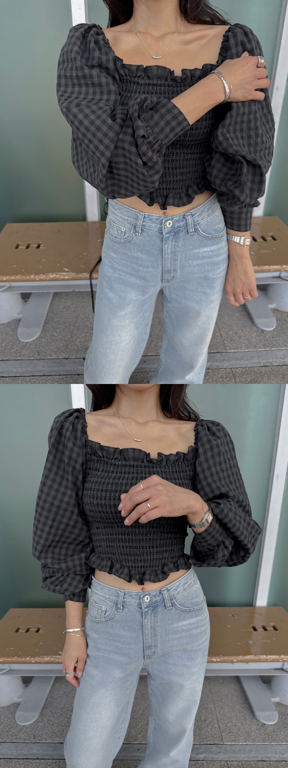 새로운 관대 한 칼라 이슬 쇄골 체크무늬 잡아라. Pleat 몸매 가꾸기 셔츠 상세 이미지 25
