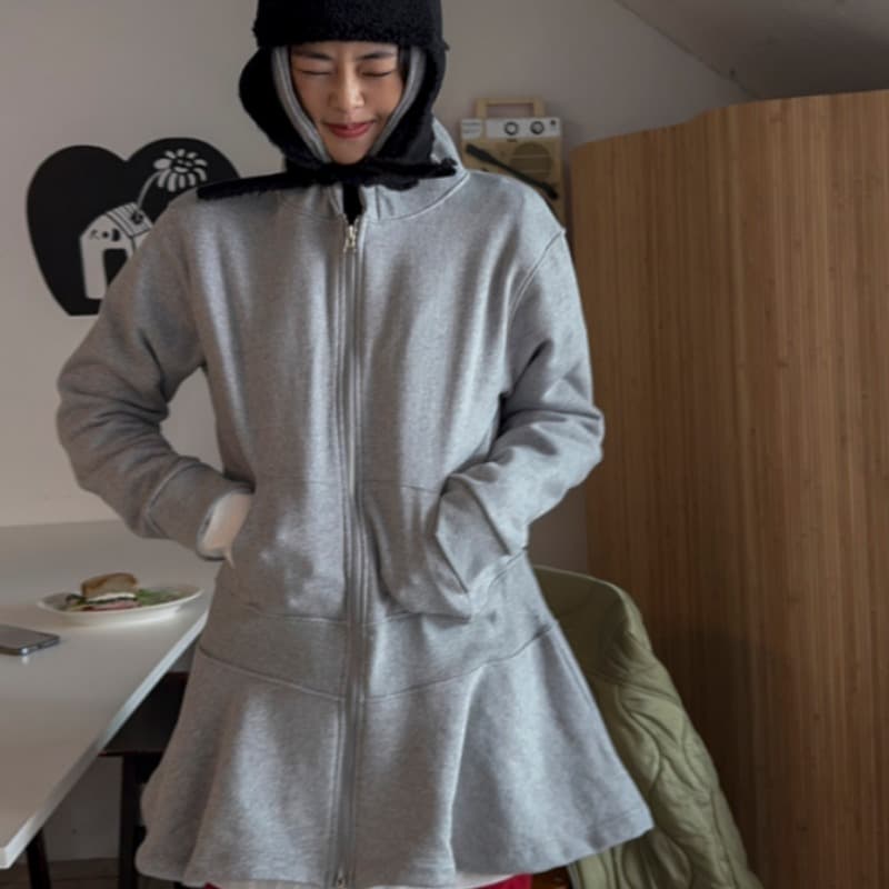 있음 선적 단색 후드 치마 더블 지퍼 중간 길이 후드티 재킷