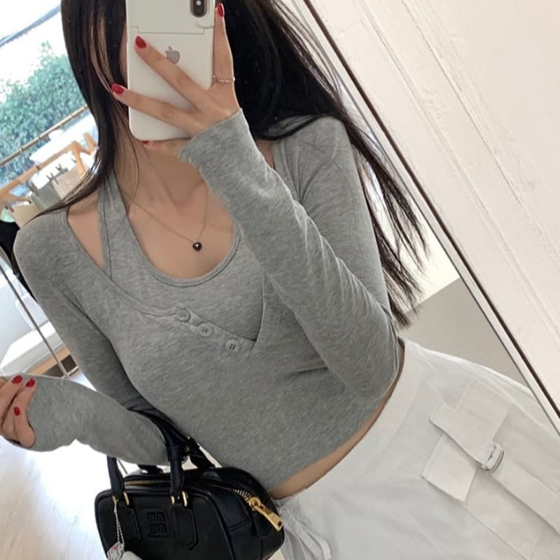 있음 선적 슬림해 보이는 몸매 가꾸기 단색 행침 목 부서 버클 긴팔 슬림해 보이는 티셔츠