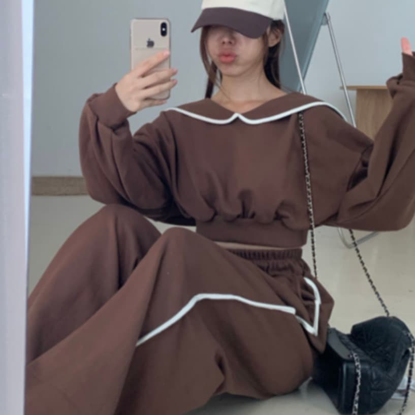 있음 선적 단색 베이비 칼라 맨위 허리밴드 다용도 롱 바지 투피스 세트