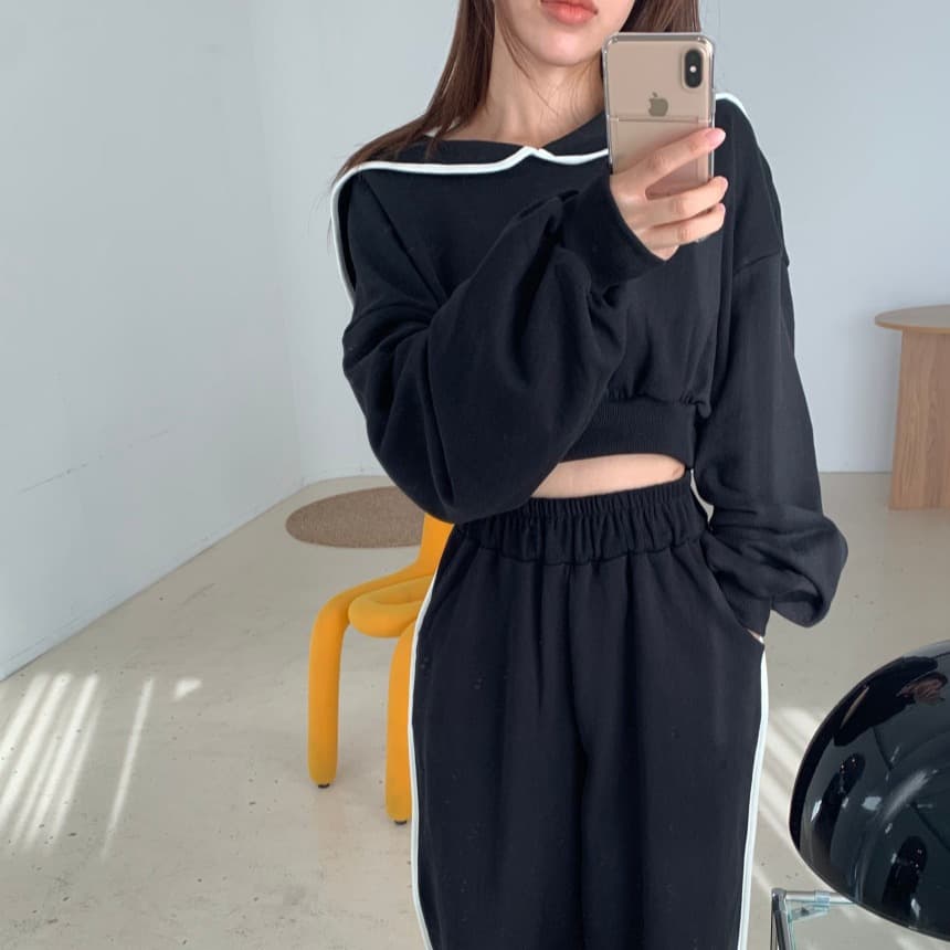 있음 선적 단색 베이비 칼라 맨위 허리밴드 다용도 롱 바지 투피스 세트 이미지 2