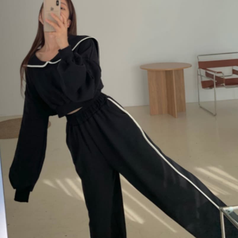 있음 선적 단색 베이비 칼라 맨위 허리밴드 다용도 롱 바지 투피스 세트 이미지 4