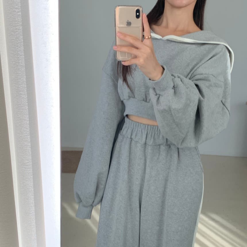 있음 선적 단색 베이비 칼라 맨위 허리밴드 다용도 롱 바지 투피스 세트 이미지 3