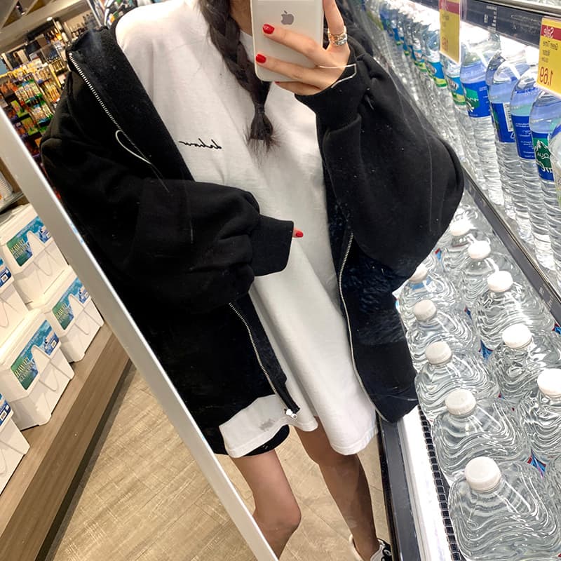 있음 선적 지퍼 후드티 루즈핏 bf 느긋한 바람 후드 티 스웨터 여성 상세 이미지 18