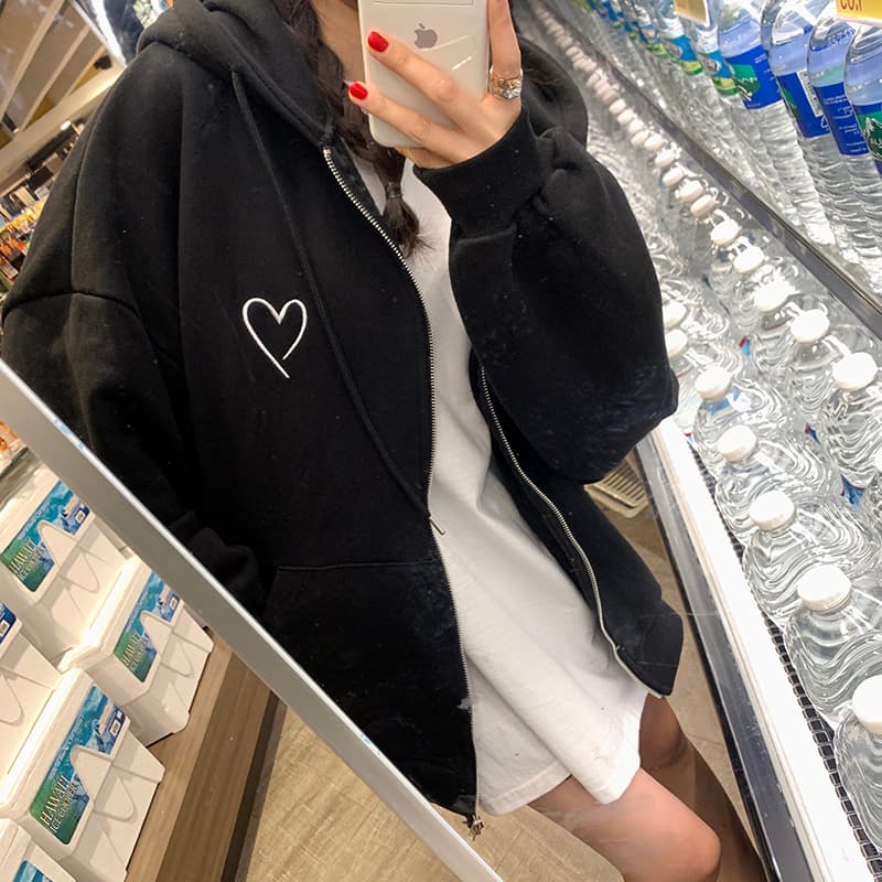 있음 선적 지퍼 후드티 루즈핏 bf 느긋한 바람 후드 티 스웨터 여성 상세 이미지 19