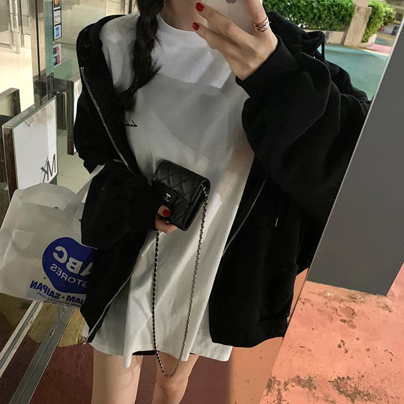 있음 선적 지퍼 후드티 루즈핏 bf 느긋한 바람 후드 티 스웨터 여성 상세 이미지 22
