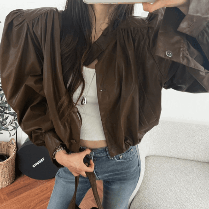 새로운 프랑스식 디자인 센스 주름 재킷 PU 가죽 외투 이미지 2