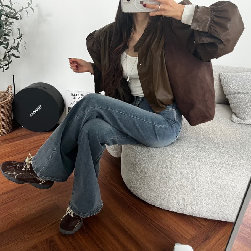 새로운 프랑스식 디자인 센스 주름 재킷 PU 가죽 외투 상세 이미지 6