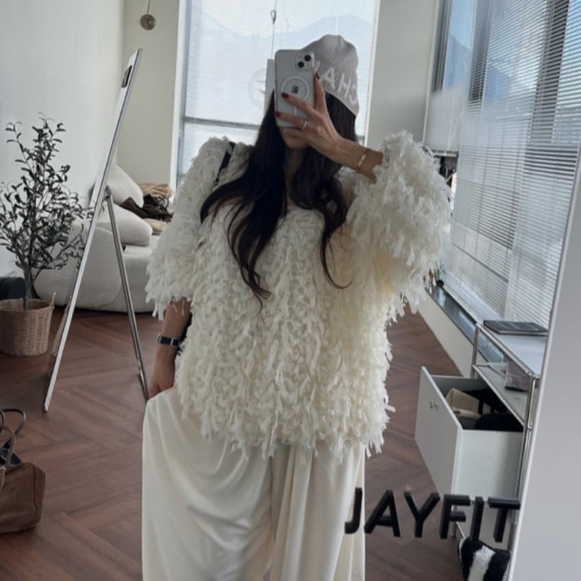 품격 라운드 넥 무거운 작업 술 측면 루즈핏 모피 재킷 이미지 5