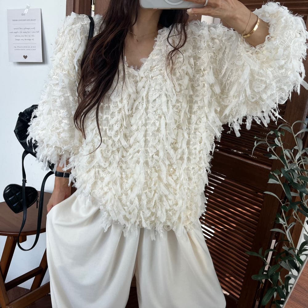 품격 라운드 넥 무거운 작업 술 측면 루즈핏 모피 재킷 상세 이미지 1
