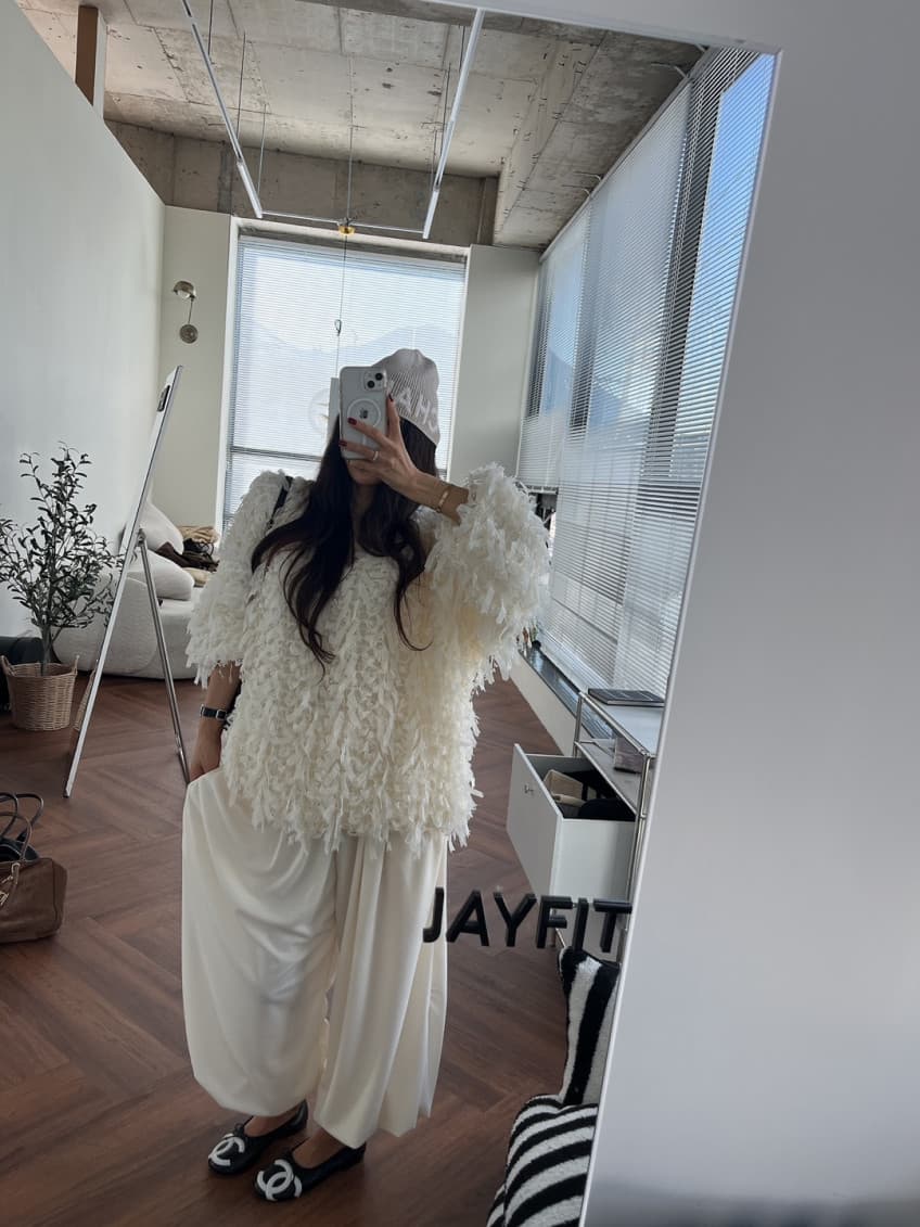 품격 라운드 넥 무거운 작업 술 측면 루즈핏 모피 재킷 상세 이미지 9