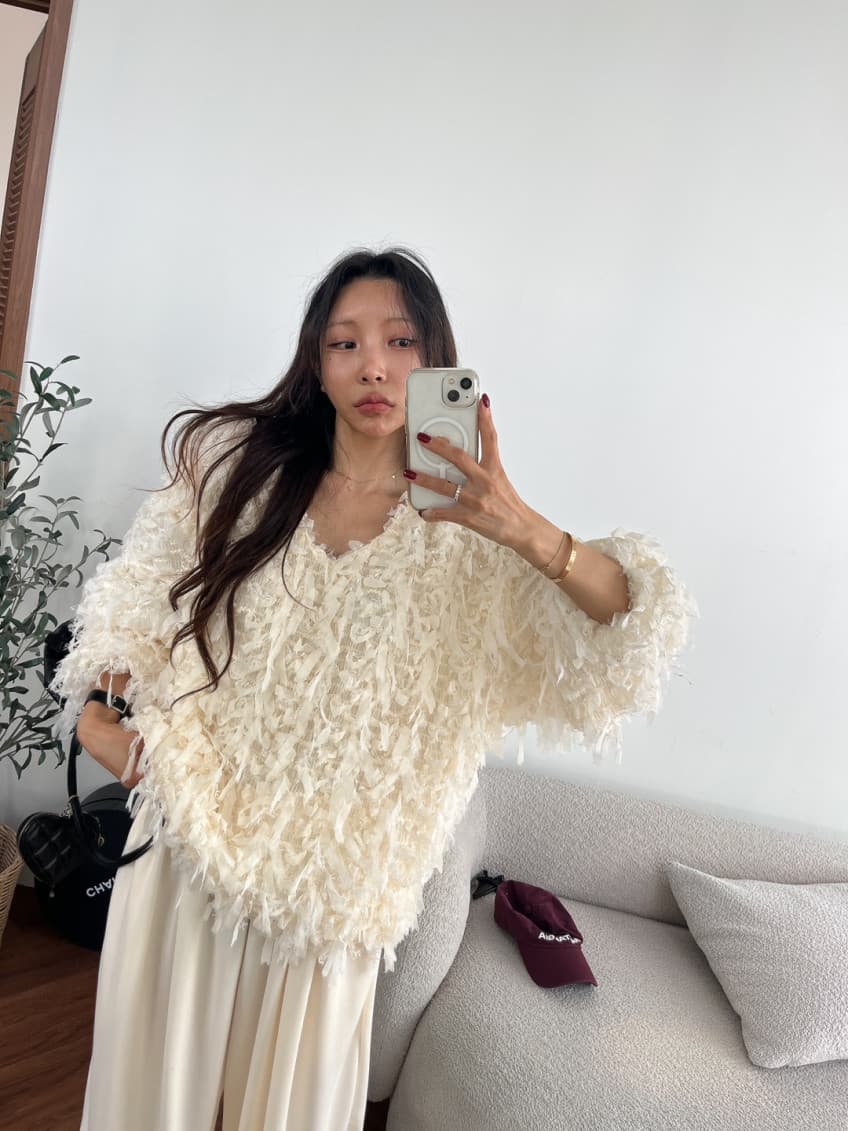 품격 라운드 넥 무거운 작업 술 측면 루즈핏 모피 재킷 상세 이미지 11