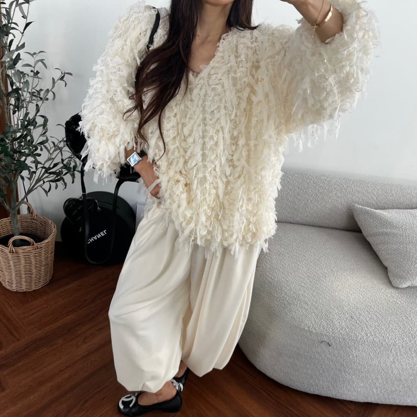 품격 라운드 넥 무거운 작업 술 측면 루즈핏 모피 재킷 상세 이미지 23