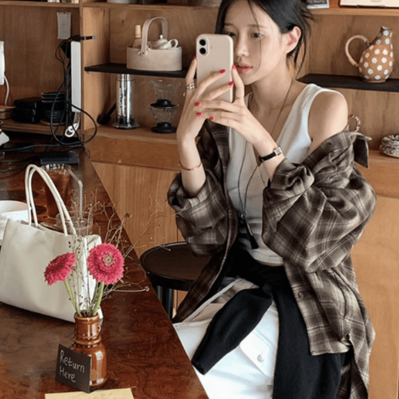 있음 선적 새로운 레트로 문예 바람 격자 무늬 셔츠 루즈핏 슬림해 보이는 캐주얼 셔츠 재킷 이미지 4