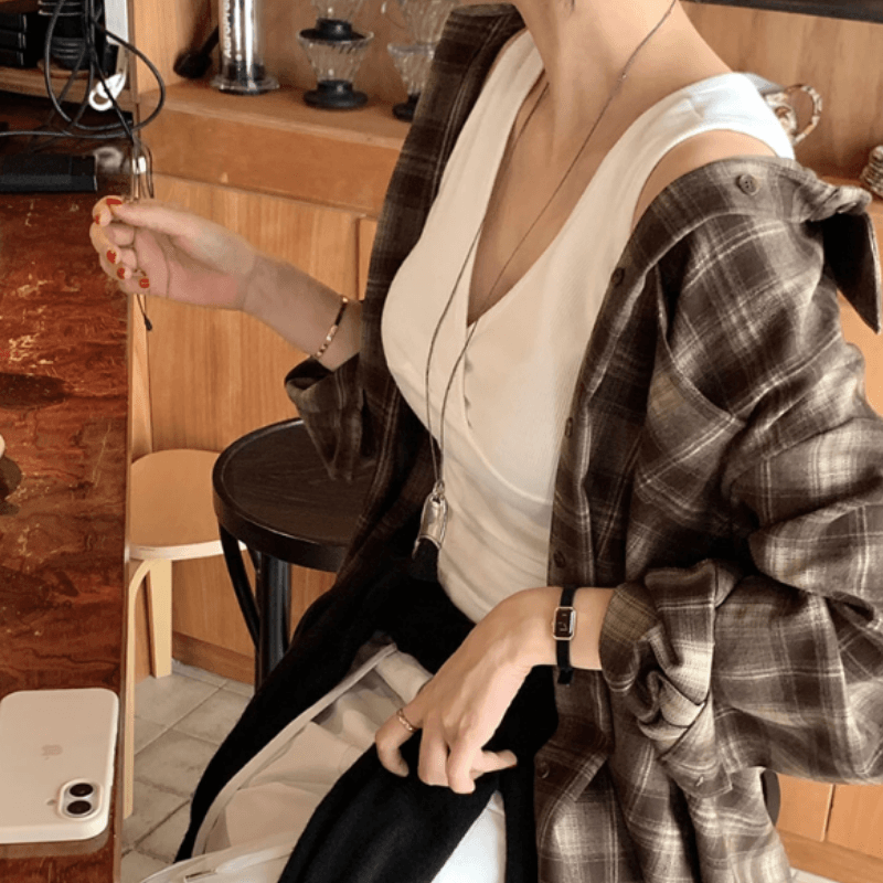 있음 선적 새로운 레트로 문예 바람 격자 무늬 셔츠 루즈핏 슬림해 보이는 캐주얼 셔츠 재킷 이미지 5