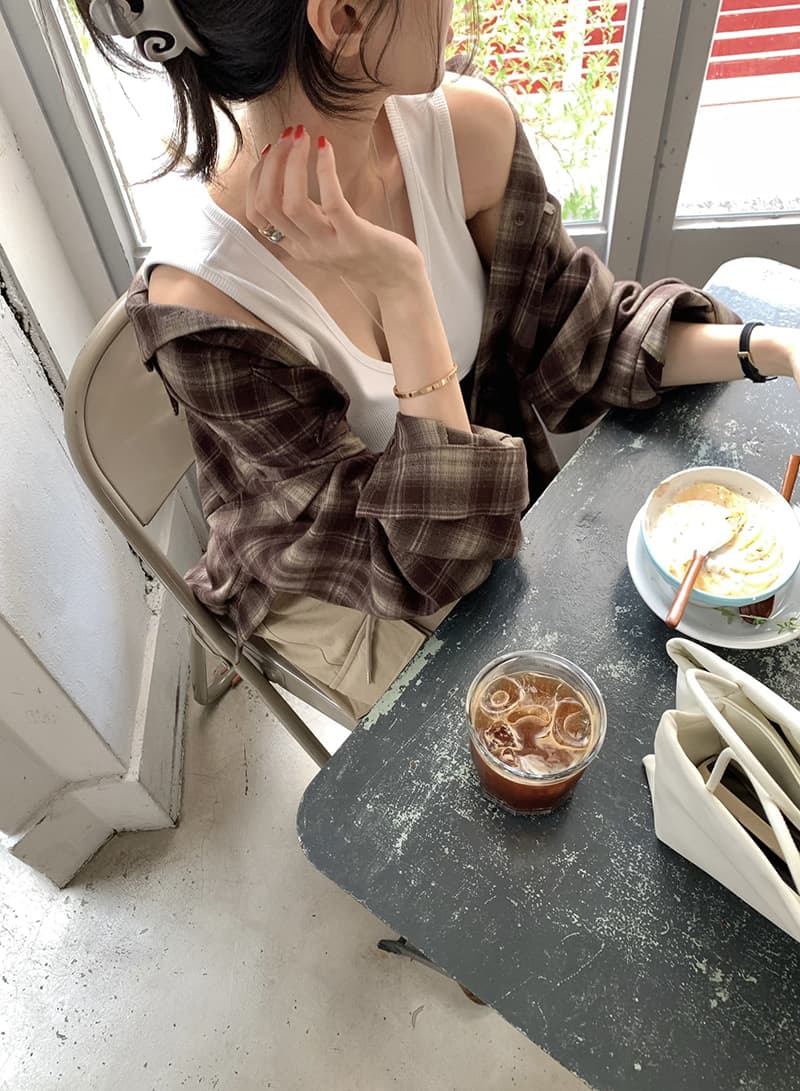 있음 선적 새로운 레트로 문예 바람 격자 무늬 셔츠 루즈핏 슬림해 보이는 캐주얼 셔츠 재킷 상세 이미지 1