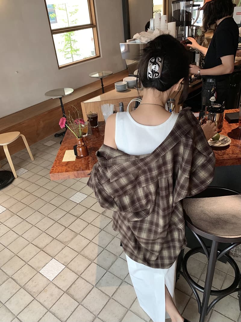 있음 선적 새로운 레트로 문예 바람 격자 무늬 셔츠 루즈핏 슬림해 보이는 캐주얼 셔츠 재킷 상세 이미지 12