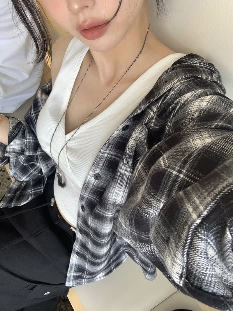 있음 선적 새로운 레트로 문예 바람 격자 무늬 셔츠 루즈핏 슬림해 보이는 캐주얼 셔츠 재킷 상세 이미지 34