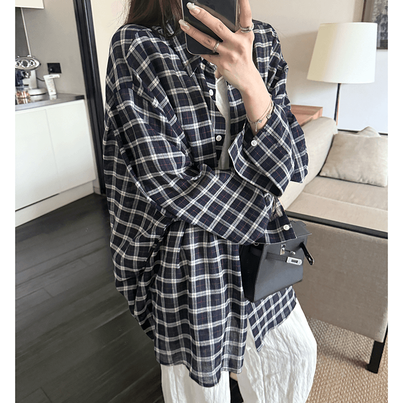 선물 화물 주간 선택 체크무늬 색상 일치 대형 느슨함 루즈핏 격자 무늬 셔츠 맨위 여성 이미지 2