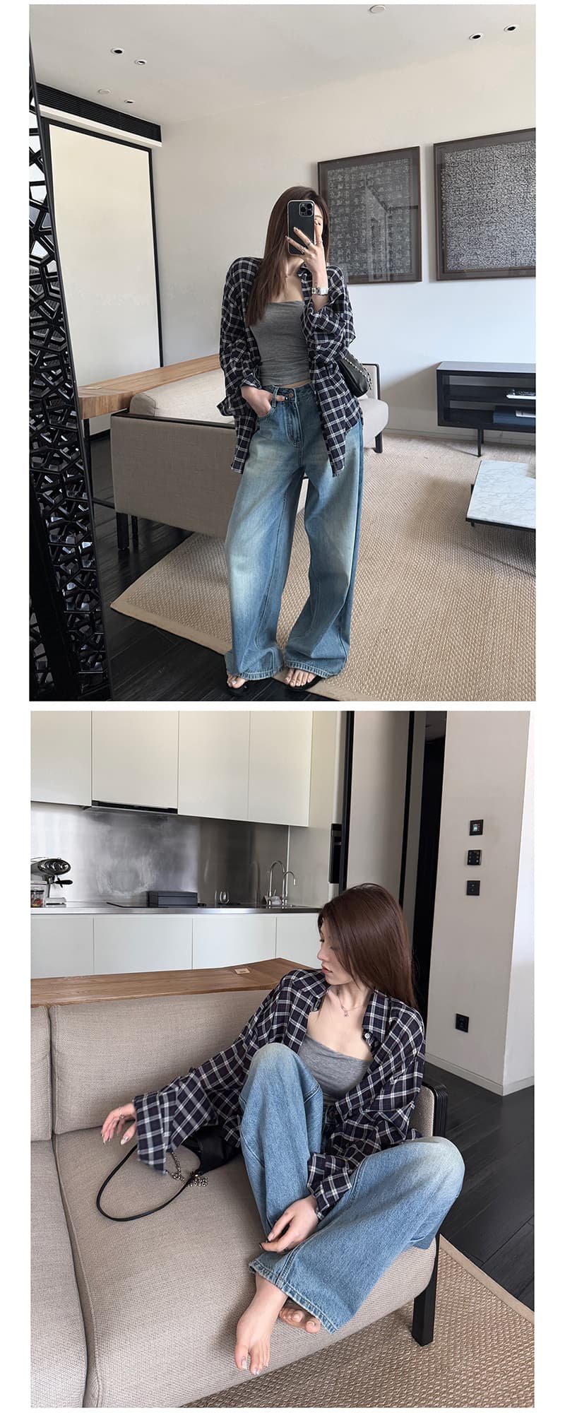 선물 화물 주간 선택 체크무늬 색상 일치 대형 느슨함 루즈핏 격자 무늬 셔츠 맨위 여성 상세 이미지 13