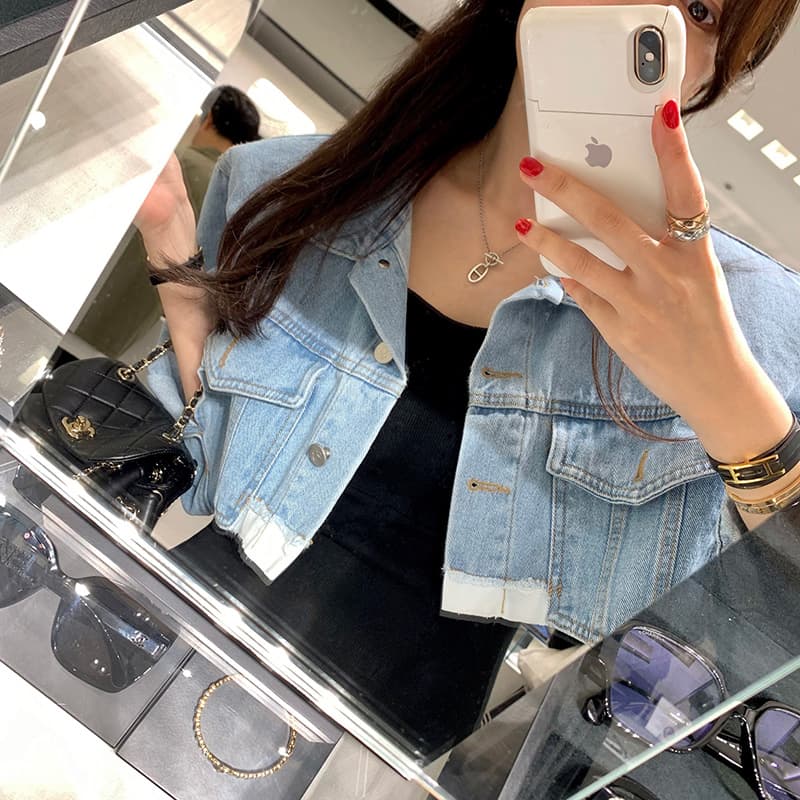 선물 화물 레트로 마 오래된 슈퍼 쇼트 스타일 데님 여성 코트 디자인 센스 연령 감소 더블 주머니 패치워크 재킷 맨위 상세 이미지 27