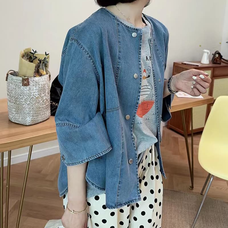 선물 화물 한국 스타일 루즈핏 캐주얼 바람 앞이 짧고 뒤가 길다 비대칭 데님 재킷 상세 이미지 5