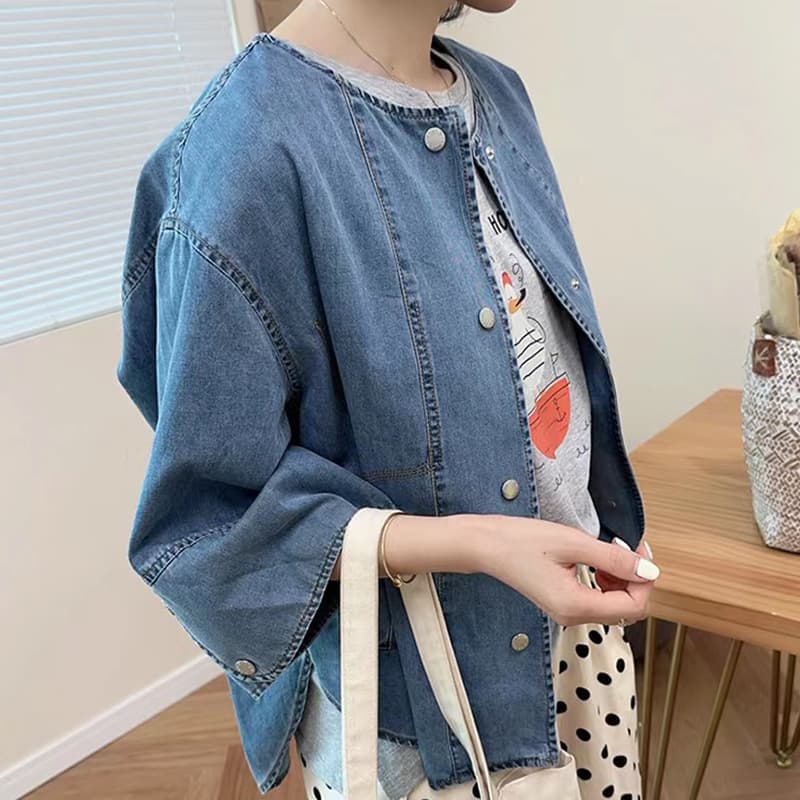 선물 화물 한국 스타일 루즈핏 캐주얼 바람 앞이 짧고 뒤가 길다 비대칭 데님 재킷 상세 이미지 7